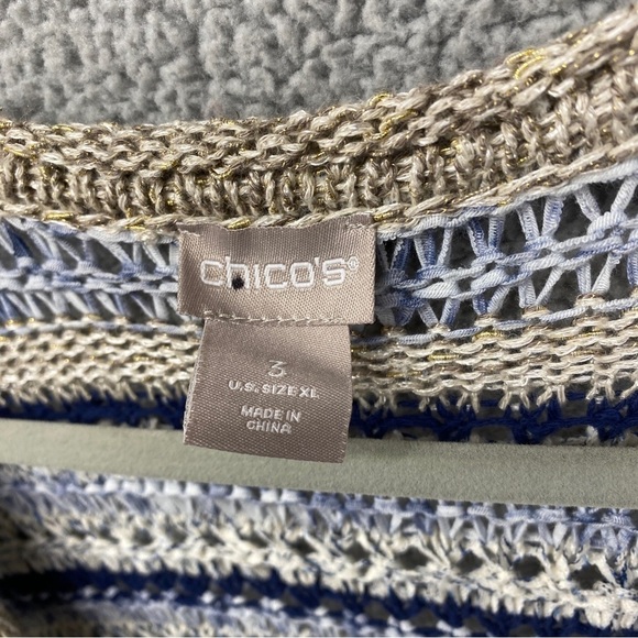 Chicos Cool Toned Open Stitch Cardigan Tassel Shimmer Sz XL - Picture 8 of 9